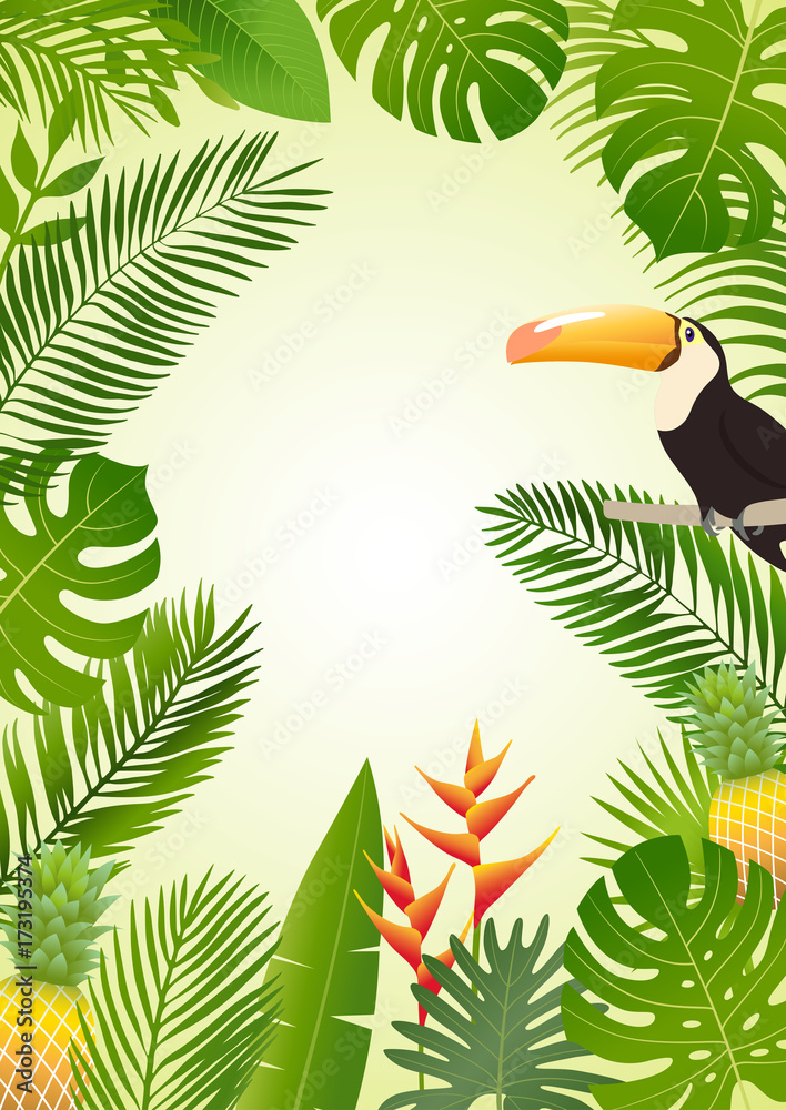 Naklejka premium Summer tropical design with palm leaves, tropical plants, flowers, pineapple, toucan. Vector illustration.