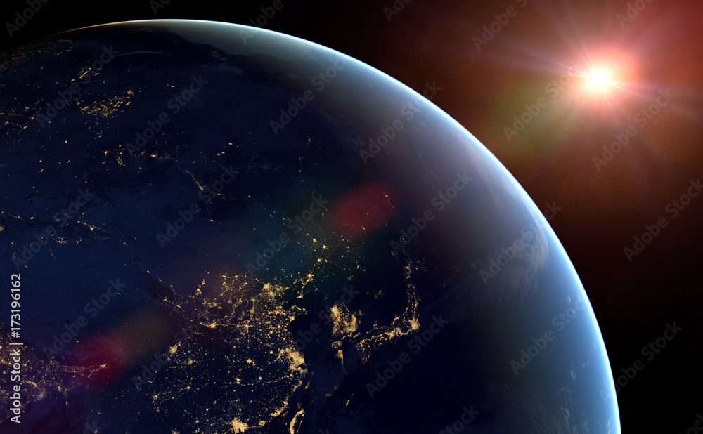 Naklejka premium noc nad Azją, piękną planetą Ziemią