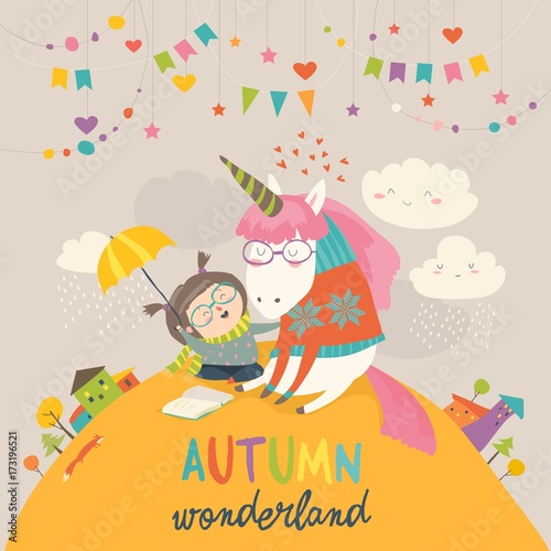 Cute girl hugging unicorn. Autumn wonderland