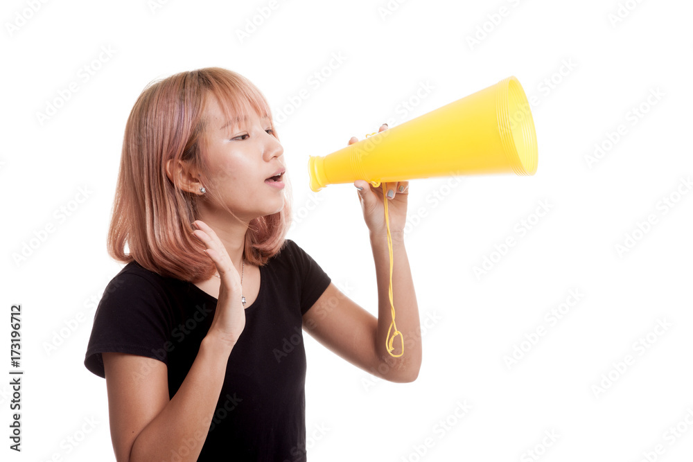 Beautiful young Asian woman announce with megaphone. Beautiful young Asian woman announce with megaphone.