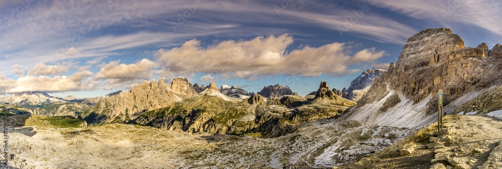 Panoramic view to the valley from Forcella Lavaredo near Tre Cime in Dolomites - Italy