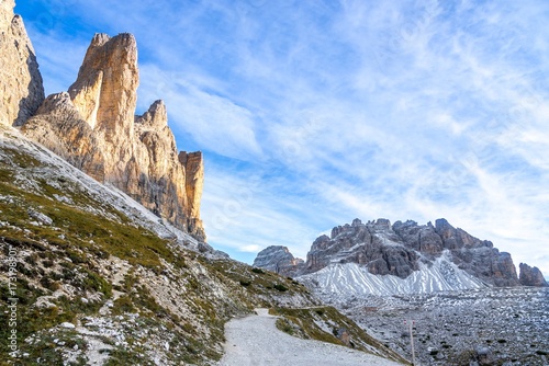 Mountain walk along the southern side of Tre Cime di Lavaredo in Dolomites, Italy