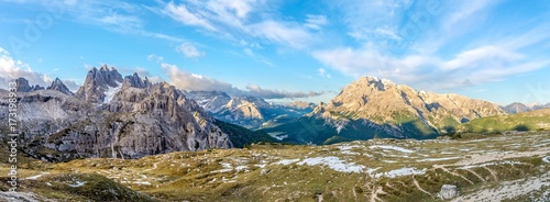 Panoramic view at the mountains from south side Tre Cime di Lavaredo in Dolomites