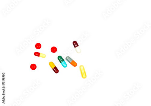 Colorful of antibiotic capsules pills isolated on white background with clipping path. Drug resistance, antibiotic drug use with reasonable, health policy and health insurance concept.