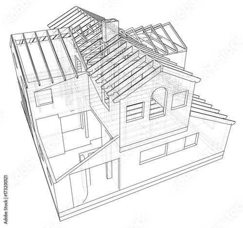 Abstract 3D render of building wireframe structure. Construction graphic. Tracing illustration of 3d.