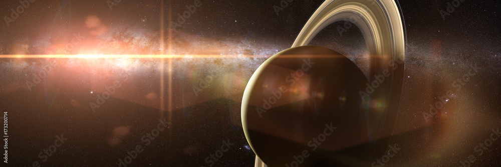 sunrise over the planet Saturn with Milky Way galaxy in background