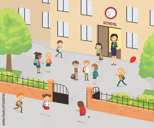 Primary education. Group of elementary school kids in the school yard