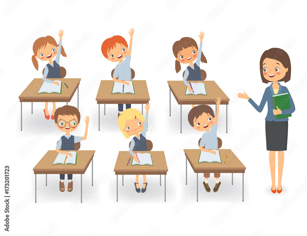 Teacher with pupils at a lesson. Isolated vector