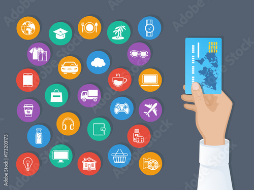 Payment by credit card. System of cashless payments for services and goods. Hand holds a credit card and set of service icons. Vector illustration