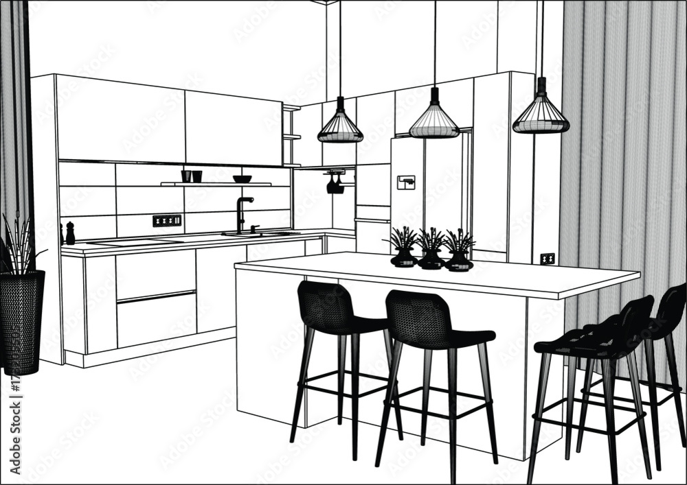 3D vector sketch. Modern kitchen design in home interior. Kitchen