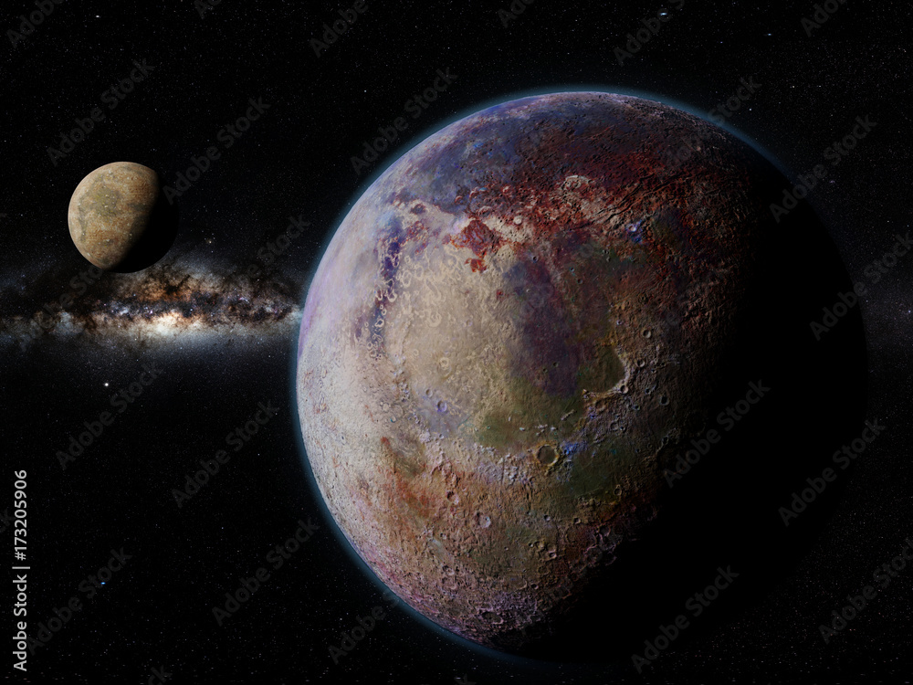 Obraz premium alien planet with moon in front of the Milky Way galaxy