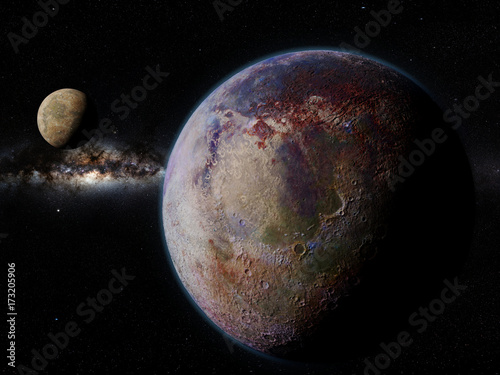 Fototapeta Naklejka Na Ścianę i Meble -  alien planet with moon in front of the Milky Way galaxy