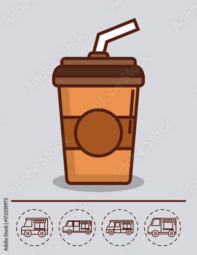 coffee drink icon and food trucks icons around over gray background colorful design vector illustration