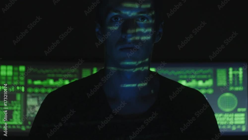 Computer Hacker Camera Programmer Hacker looking at the camera with computer, binary codes ...