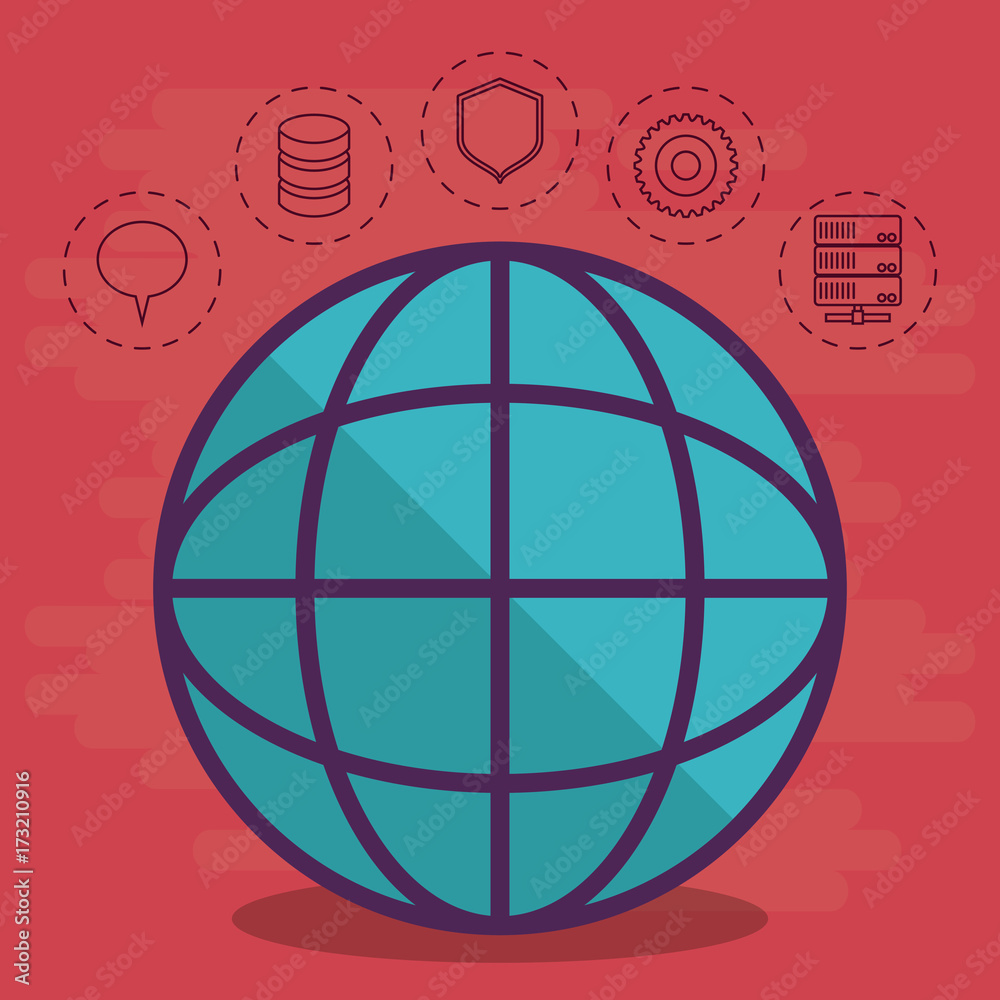 global sphere and data center related icons over red background colorful design vector illustration