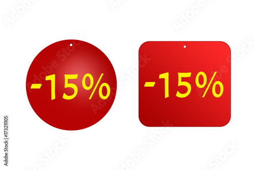 15 percent from red stickers on a white background. discounts and sales, holidays and education