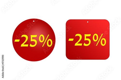 25 percent from red stickers on a white background. discounts and sales, holidays and education