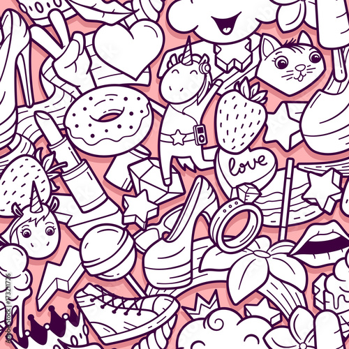 Graffiti seamless pattern with urban lifestyle line icons. Crazy doodle abstract vector background. Trendy outline style collage with bizarre street art elements. Adult coloring book design template