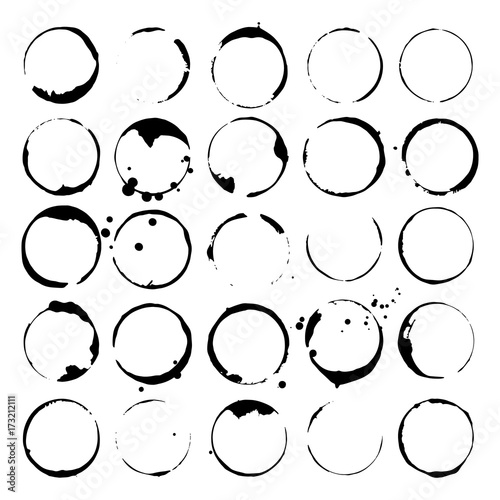 Set of wine or coffee stains. Spots and splatters. Black silhouettes. Vector illustration.