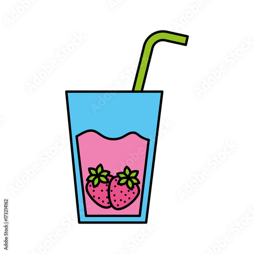 glass cup juice strawberry fruit and straw vector illustration
