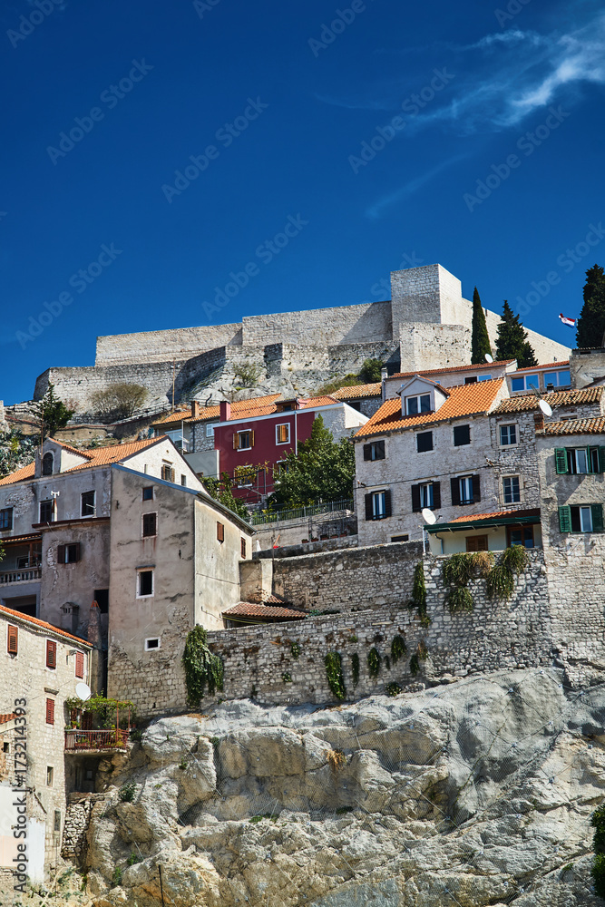 stone walls and walls of Venetian fortress in Sibenik, Croatia.