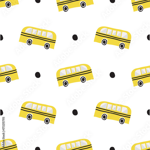 seamless hand drawn school bus with black dot pattern on white background