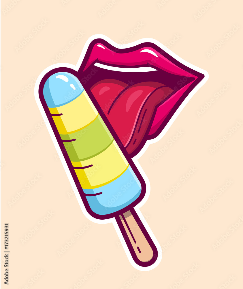 Girl open mouth and eats popsicle ice cream. Woman licks a ice cream on