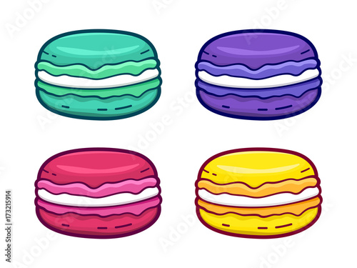 Colorful macaroons set isolated on white background. Different color and taste french cookies for menu design. Vector cartoon style outline icons