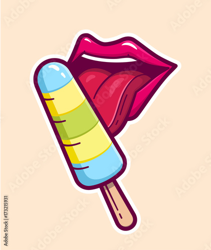 Girl open mouth and eats popsicle ice cream. Woman licks a ice cream on stick. Sensual vector illustration in cartoon outline style for t shirt design or sticker