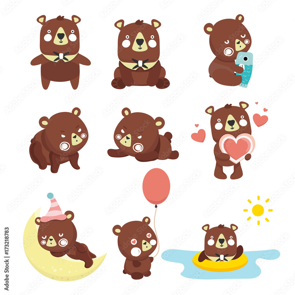 Fototapeta premium Set of illustrations with bears. Different poses. 