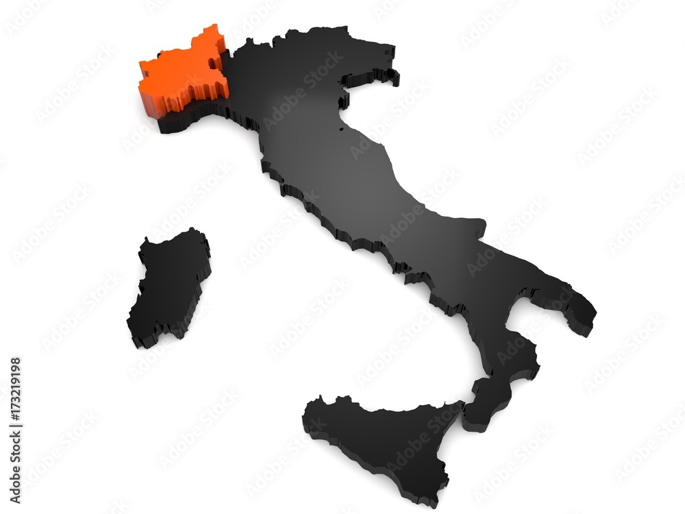 Italy 3d black and orange map, with Piemonte region highlighted. 3d render Italy 3d black and orange map, with Piemonte region highlighted. 3d render