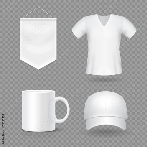 Blank mock-up promotional gifts. Realistic 3d cap, mug, t-shirt and flag photo