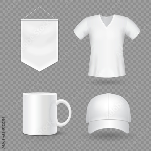 Blank mock-up promotional gifts. Realistic 3d cap, mug, t-shirt and flag