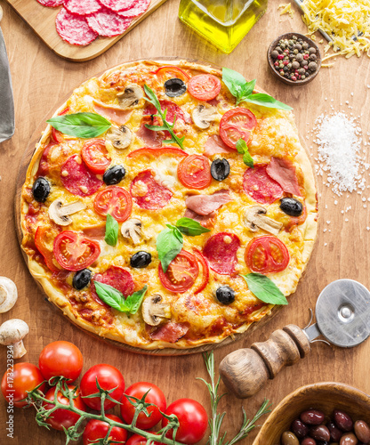 Pizza and ingredients. Food background.