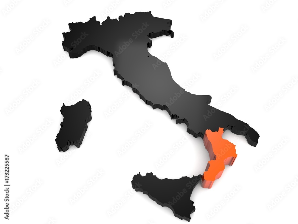 Italy 3d black and orange map, with Calabria region highlighted 3d render