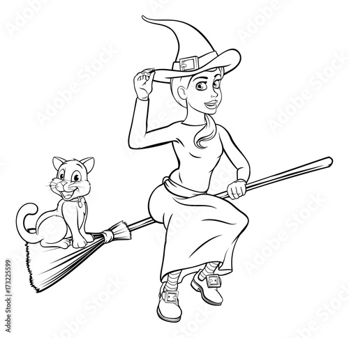 Cartoon Witch and Cat Flyin...