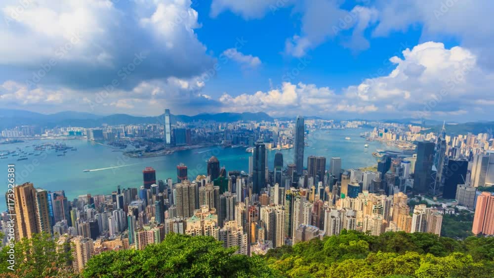 Hong Kong Cityscape High Viewpoint Of The Victoria Peak 4K Time Lapse (pan down)