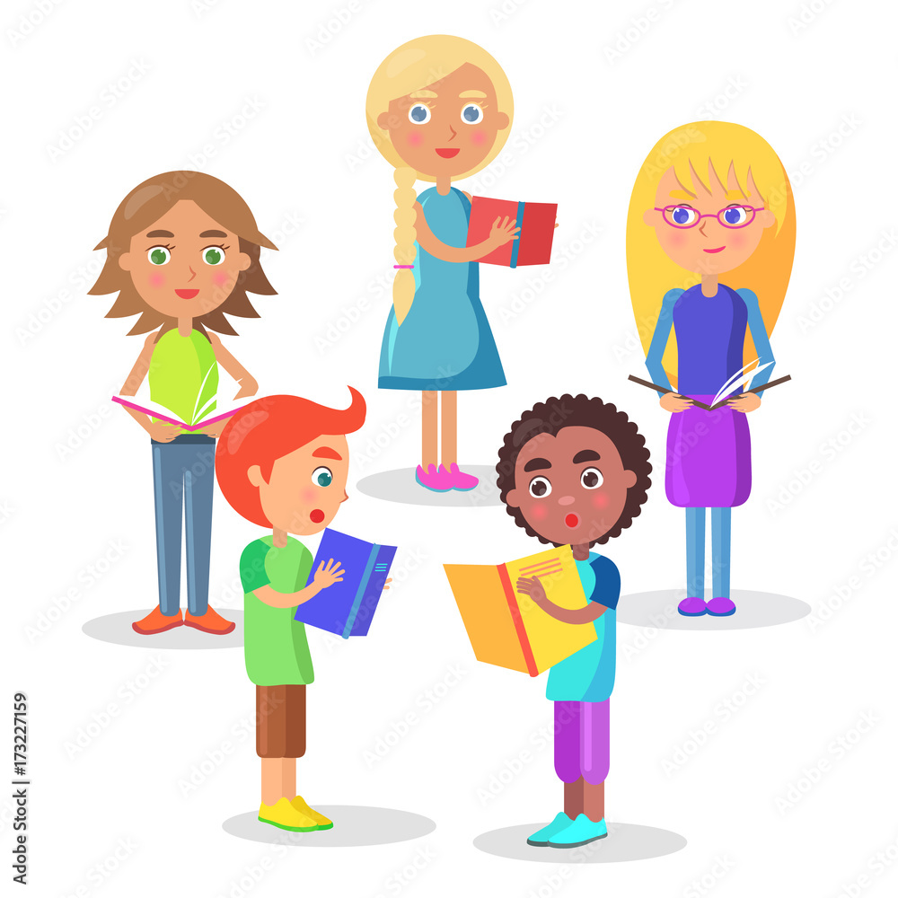 Group of Schoolchildren Reads Schoolbooks on White Group of Schoolchildren Reads Schoolbooks on White