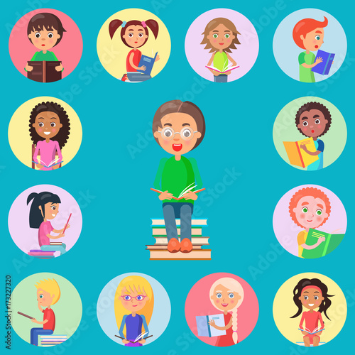 Small Icons with Read Children on Blue Background