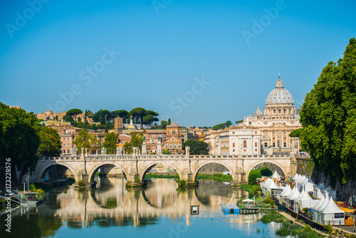 St. Peter's cathedral over bridge and river in Rome, Italy