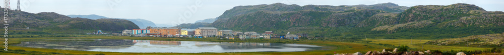 Panoramic view of the Arctic village of Teriberka, Kola Peninsula, Russia.