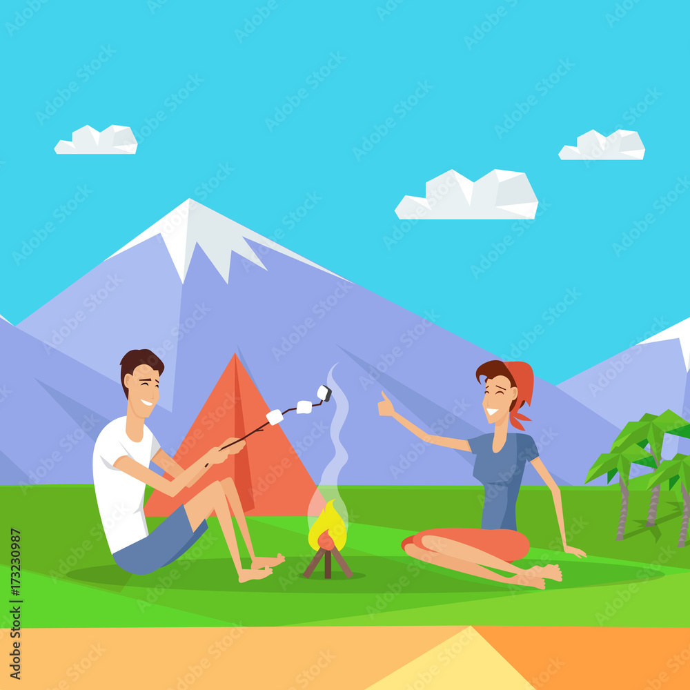 Fototapeta premium Camping Tent Near Fire and Mountains. Happy Couple