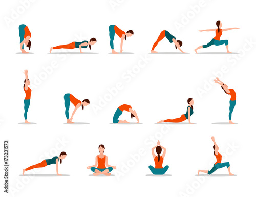 Young Girl Practicing Yoga, Set of Different Poses