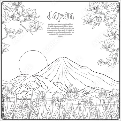 Japanese Landscape with Mount Fuji and tradition flowers and a b