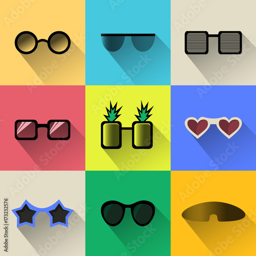 Set of different shapes sunglasses simple icons with long shadows. Modern flat design sunglasses in stylish colors. Web site page and mobile app design element. Vector illustration