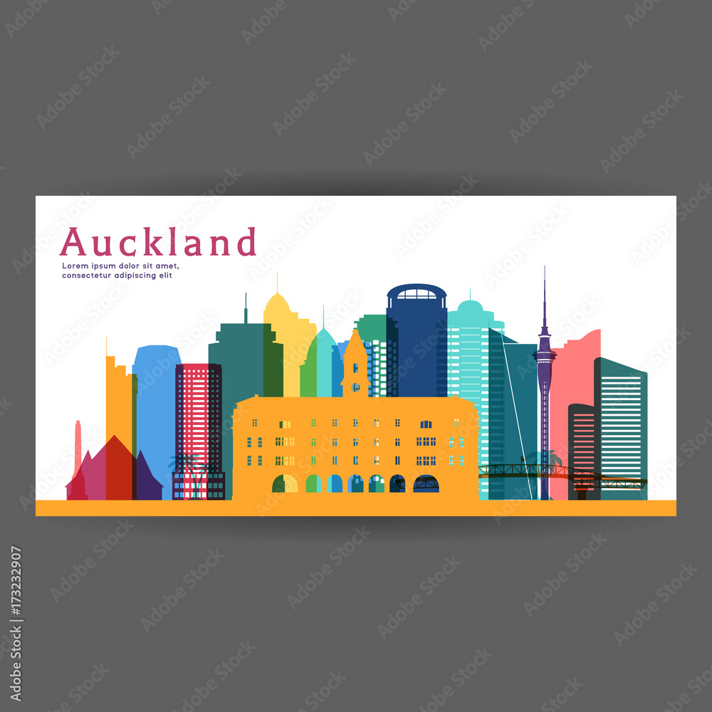 Auckland colorful architecture vector illustration, skyline city silhouette, skyscraper, flat design.