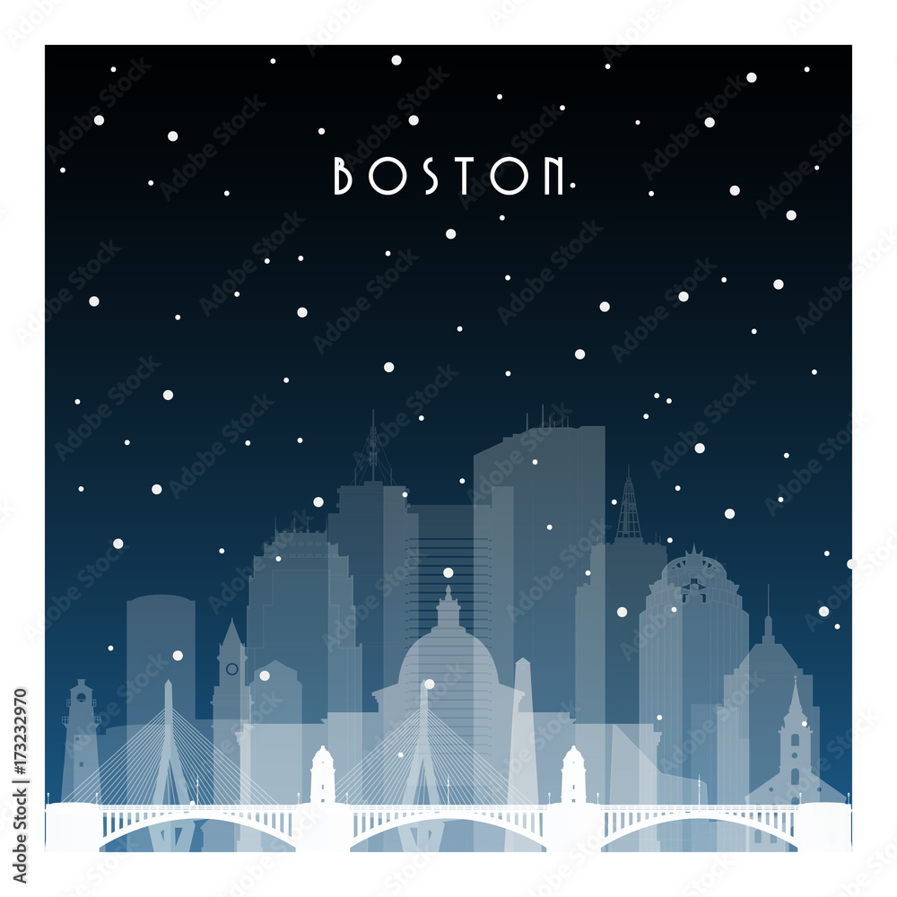 Winter night in Boston. Night city in flat style for banner, poster, illustration, game, background.