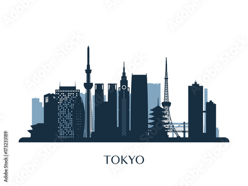 Tokyo skyline, monochrome silhouette. Vector illustration.