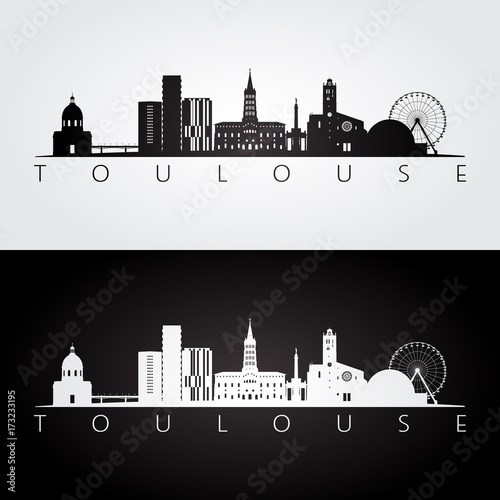 Toulouse skyline and landmarks silhouette, black and white design, vector illustration. photo