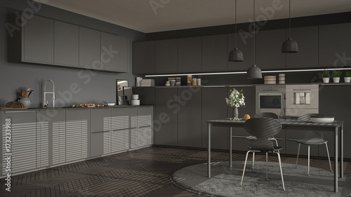 Modern kitchen with table and chairs, big windows and herringbone parquet floor, gray minimalist interior design